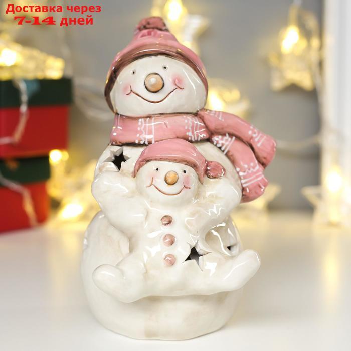 Сувенир керамика свет "Снеговик со снеговичком в розовых колпаках" 17,5х11х12,5 см - фото 1 - id-p207340638