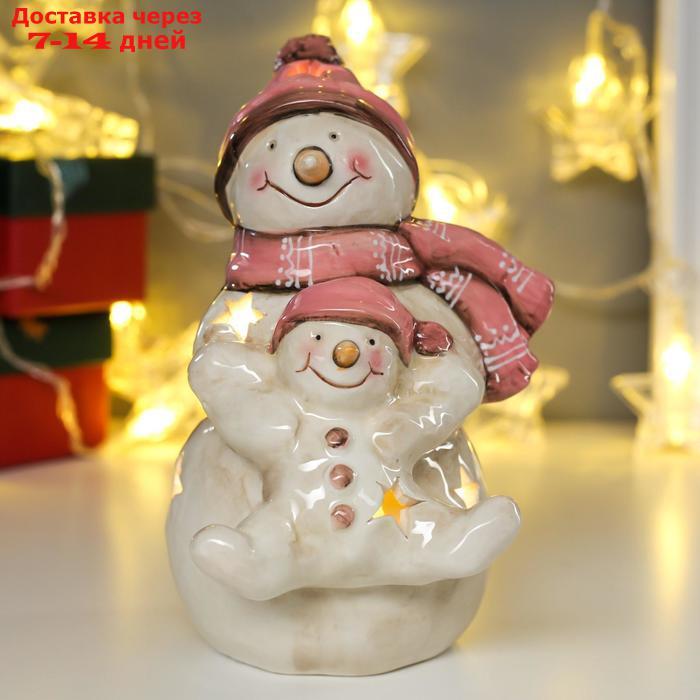 Сувенир керамика свет "Снеговик со снеговичком в розовых колпаках" 17,5х11х12,5 см - фото 2 - id-p207340638