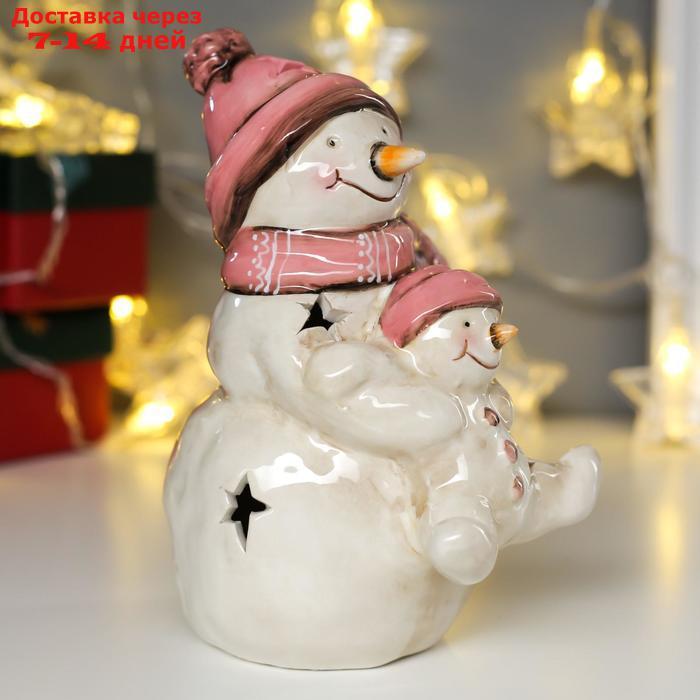 Сувенир керамика свет "Снеговик со снеговичком в розовых колпаках" 17,5х11х12,5 см - фото 4 - id-p207340638