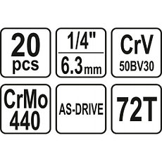 Набор инструмента 1/4" (20пр.) CrV "Yato" YT-38671, фото 2