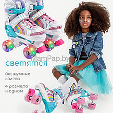 Детские роликовые коньки, ролики  Квады, раздвижные, 4 светящихся колеса, размер S 30-33, M 34-38