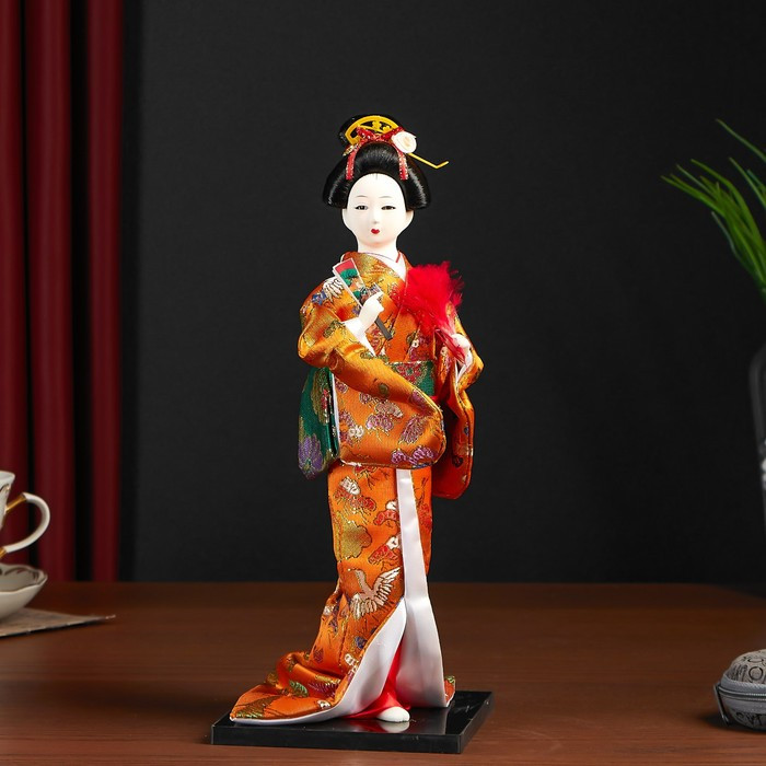 Кукла коллекционная "Гейша в оранжевом кимоно с веером" 22,5 см - фото 1 - id-p207451407