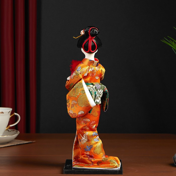 Кукла коллекционная "Гейша в оранжевом кимоно с веером" 22,5 см - фото 4 - id-p207451407