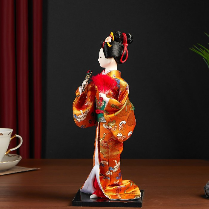 Кукла коллекционная "Гейша в оранжевом кимоно с веером" 22,5 см - фото 5 - id-p207451407