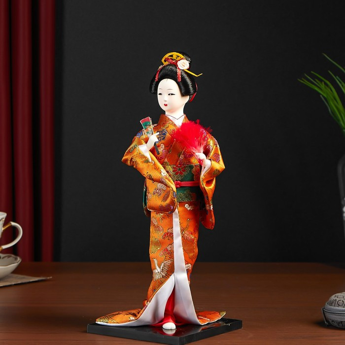 Кукла коллекционная "Гейша в оранжевом кимоно с веером" 22,5 см - фото 6 - id-p207451407