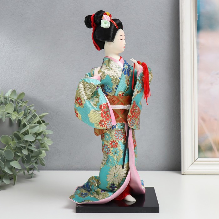 Кукла коллекционная "Гейша в бирюзовом кимоно с цветами" 32х13х13 см - фото 2 - id-p207451409