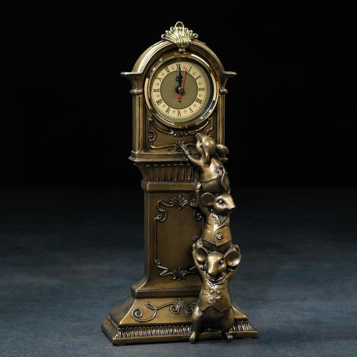 Часы настольные каминные "Часы с мышками", 9 х 16 х 34 см, бронзовые - фото 1 - id-p207455376