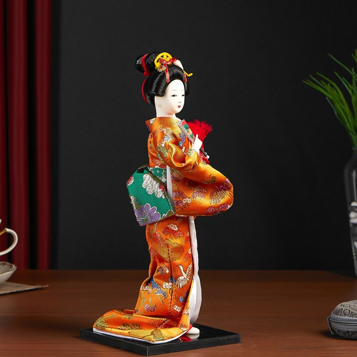 Кукла коллекционная "Гейша в оранжевом кимоно с веером" 22,5 см - фото 2 - id-p207459140