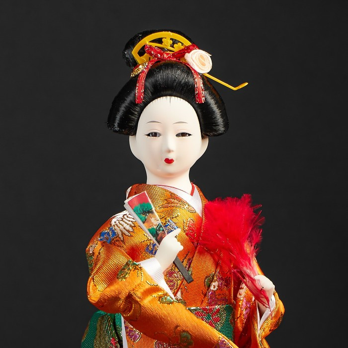 Кукла коллекционная "Гейша в оранжевом кимоно с веером" 22,5 см - фото 7 - id-p207459140