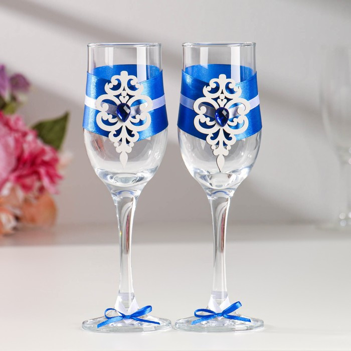 Набор свадебных бокалов "Прага", ручной работы, белый-синий, 6х6х20,5 см, 2 шт. - фото 5 - id-p207464714