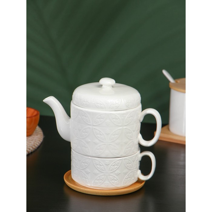 Набор фарфоровый чайный BellaTenero «Орнамент», 2 предмета: чайник 400 мл, кружка 280 мл, цвет белый - фото 1 - id-p207465482