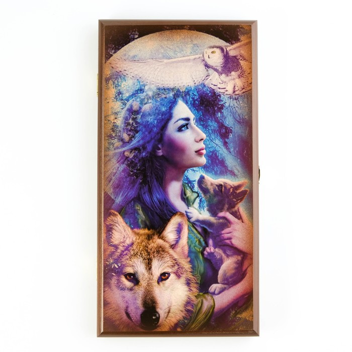Нарды "Девушка с волками", деревянная доска 40 x 40 см, с полем для игры в шашки - фото 1 - id-p207459970