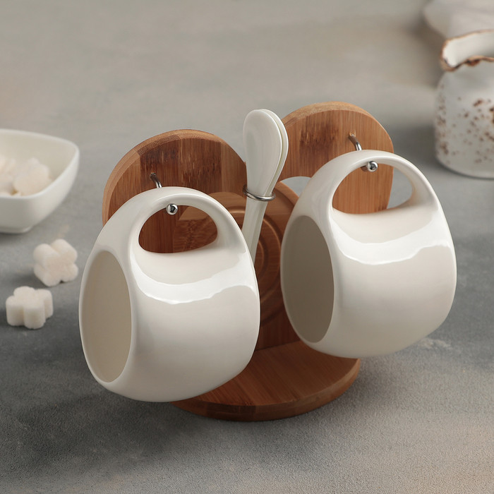 Набор чайный керамический на деревянной подставке «Эстет», 6 предметов: 2 чашки 200 мл, 2 подставки 9,5 см, 2 - фото 1 - id-p207465493