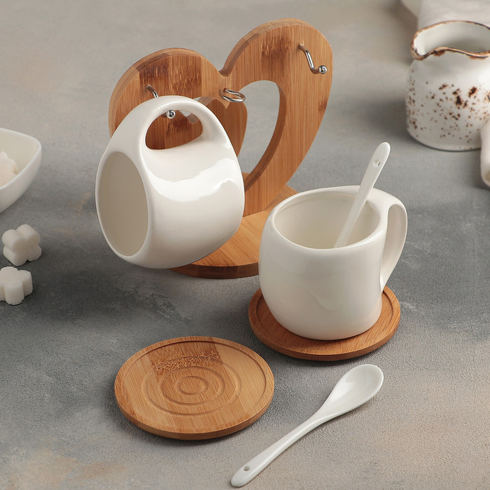 Набор чайный керамический на деревянной подставке «Эстет», 6 предметов: 2 чашки 200 мл, 2 подставки 9,5 см, 2 - фото 2 - id-p207465493