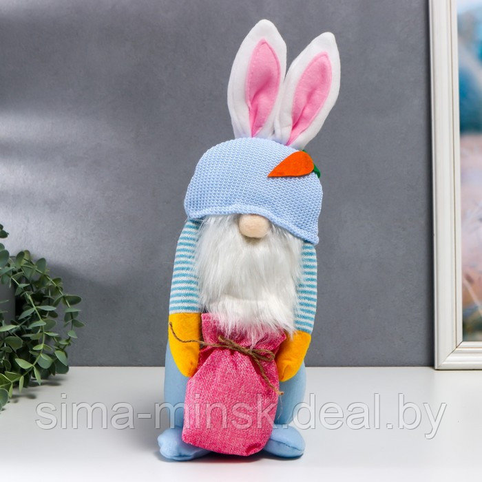 Кукла интерьерная "Гном в шапке с зайчьими ушами, с мешком" голубой 40х14 см - фото 1 - id-p207453589