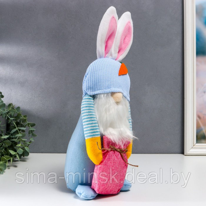 Кукла интерьерная "Гном в шапке с зайчьими ушами, с мешком" голубой 40х14 см - фото 2 - id-p207453589