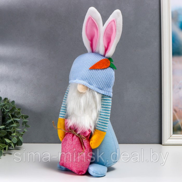 Кукла интерьерная "Гном в шапке с зайчьими ушами, с мешком" голубой 40х14 см - фото 3 - id-p207453589
