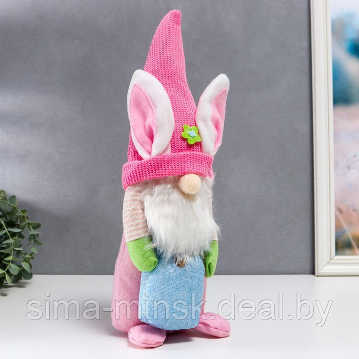 Кукла интерьерная "Гном в шапке с зайчьими ушами, с мешком" розовый 40х14 см - фото 2 - id-p207453591