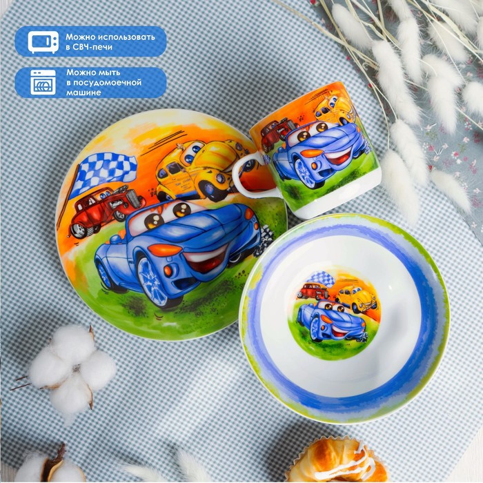 Набор детской посуды из керамики Доляна «Гонки», 3 предмета: кружка 230 мл, миска 400 мл, тарелка d=18 см - фото 2 - id-p207457587