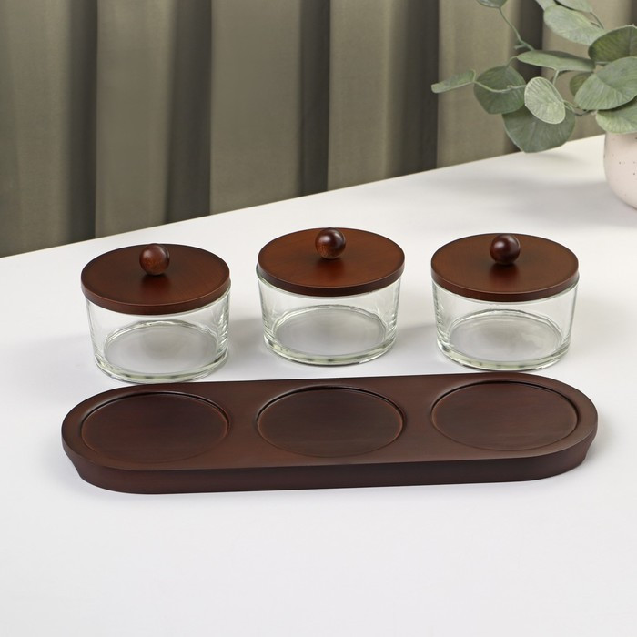 Набор стеклянных конфетниц «Натурэль», на деревянной подставке, 200 мл, 30,5×10,5 см, 3 шт - фото 2 - id-p207466114