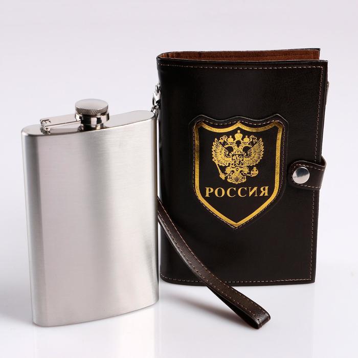 Фляжка, 300 мл (10 oz) "Герб России", в чехле на шнурке, 11 х 17 см, под нанесение, хром - фото 2 - id-p207465033