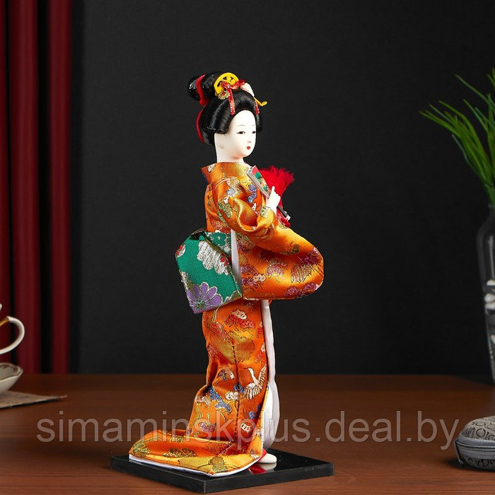 Кукла коллекционная "Гейша в оранжевом кимоно с веером" 22,5 см - фото 2 - id-p207467661