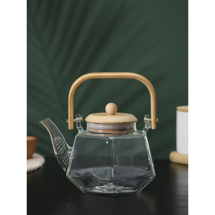 Чайник стеклянный заварочный с бамбуковой крышкой и металлическим фильтром BellaTenero «Октогон», 800 мл - фото 1 - id-p207465086