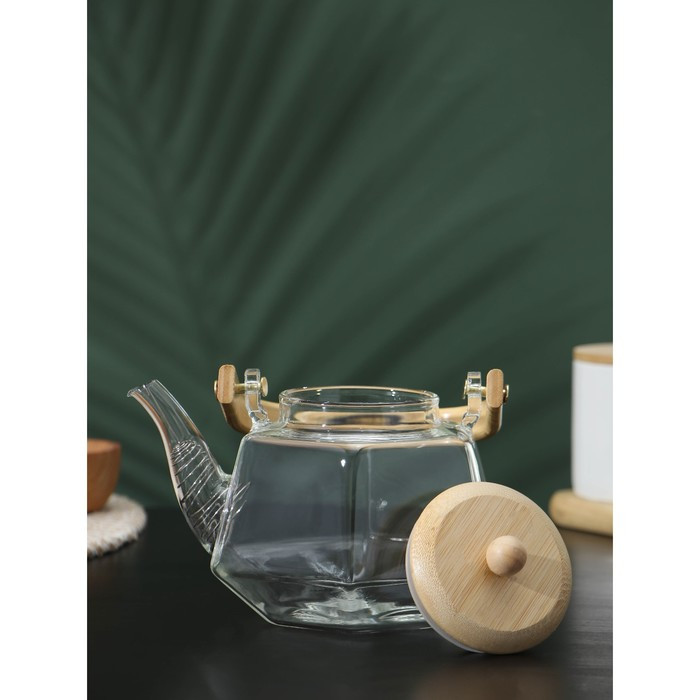 Чайник стеклянный заварочный с бамбуковой крышкой и металлическим фильтром BellaTenero «Октогон», 800 мл - фото 2 - id-p207465086