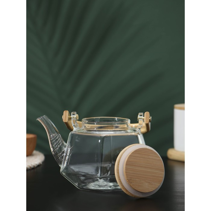 Чайник стеклянный заварочный с бамбуковой крышкой и металлическим фильтром BellaTenero «Октогон», 800 мл - фото 3 - id-p207465086