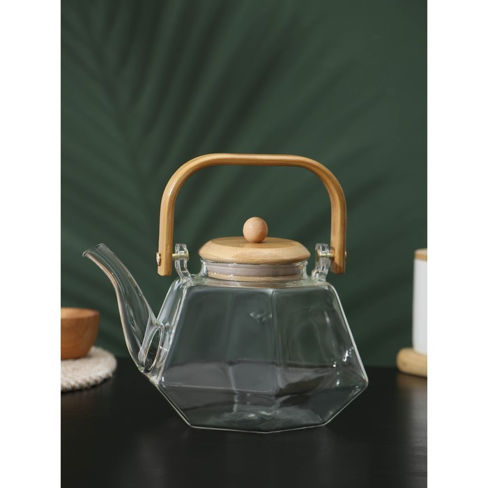 Чайник стеклянный заварочный с бамбуковой крышкой и металлическим фильтром BellaTenero «Октогон», 1,2 л - фото 1 - id-p207465089