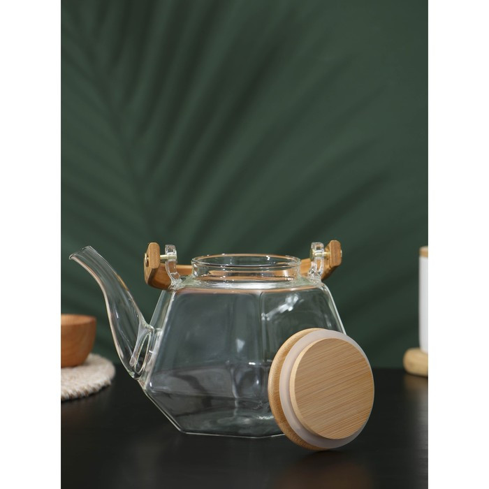 Чайник стеклянный заварочный с бамбуковой крышкой и металлическим фильтром BellaTenero «Октогон», 1,2 л - фото 3 - id-p207465089