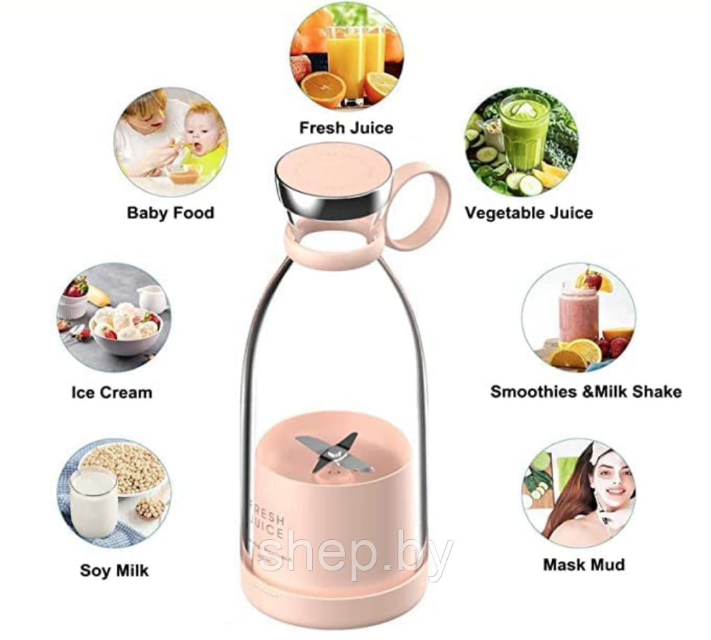 Портативный блендер Fresh Juice Portable mini fruit blender 350ml с беспроводной зарядкой цвет :белый,розовый - фото 6 - id-p207508570