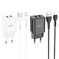 Сетевое зарядное устройство Hoco N25 (2USB: 5V 2.1A +кабель Lightning) цвет: белый, черный