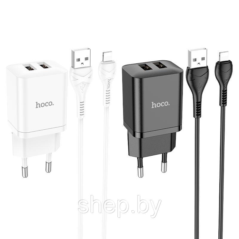 Сетевое зарядное устройство Hoco N25 (2USB: 5V 2.1A +кабель Lightning) цвет: белый, черный - фото 1 - id-p207511488