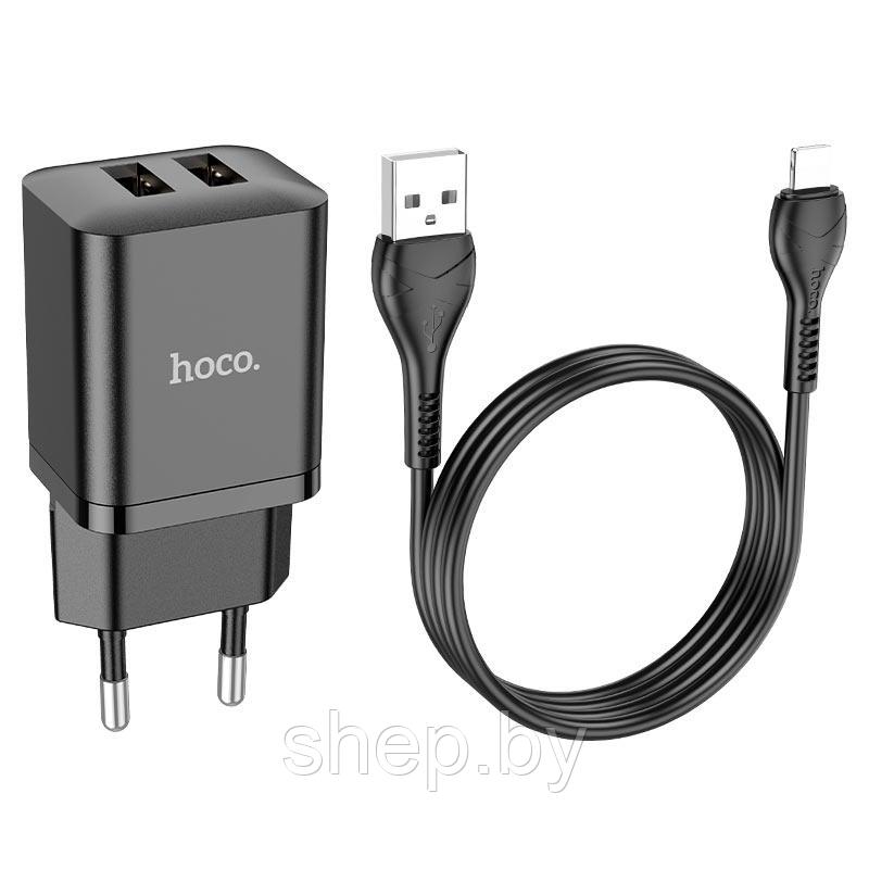 Сетевое зарядное устройство Hoco N25 (2USB: 5V 2.1A +кабель Lightning) цвет: белый, черный - фото 4 - id-p207511488