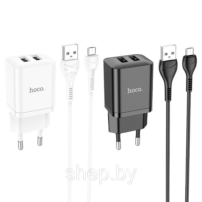 Сетевое зарядное устройство Hoco N25 (2USB: 5V 2.1A +кабель Micro-USB) цвет: белый, черный - фото 1 - id-p207511494
