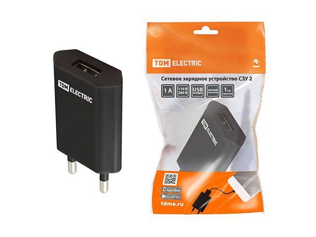 Сетевое зарядное устройство, СЗУ 2, 1 А, 1 USB, черный, TDM - фото 1 - id-p207584669