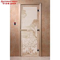 Дверь "Банька в лесу", размер коробки 190 × 70 см, левая, цвет сатин