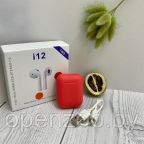 Беспроводные наушники i12 TWS (inPods i12) Bluetooth 5.0 с зарядным кейсом Красные - фото 1 - id-p207593833