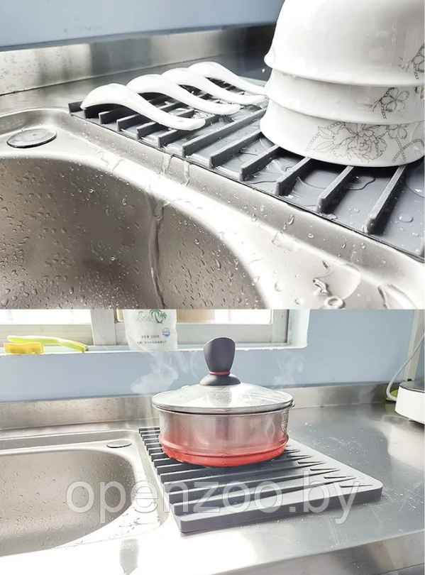 Водостойкий силиконовый коврик для сушки посуды / слив под углом для стека воды / серый 32х20 см - фото 6 - id-p207593522