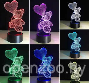 3 D Creative Desk Lamp (Настольная лампа голограмма 3Д, ночник) Мишка сердце Шар - фото 1 - id-p207593911
