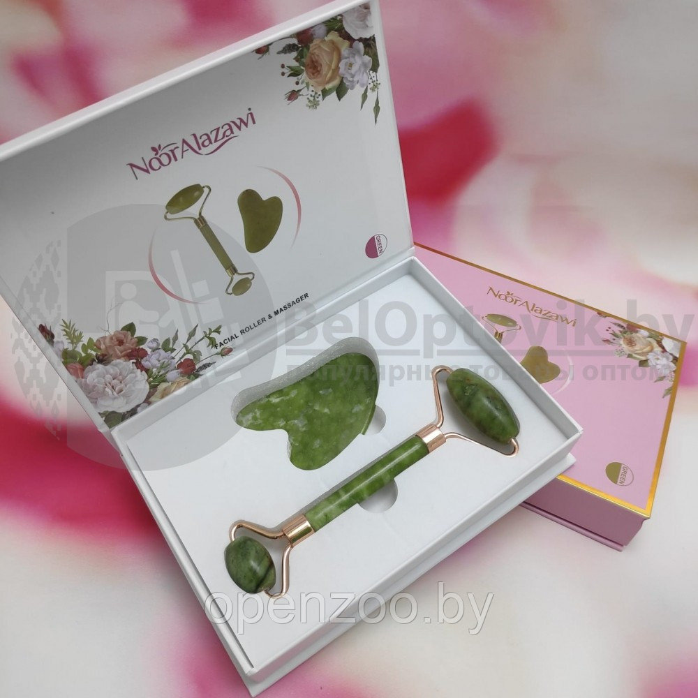 Массажный подарочный набор 2 в 1 Jade Roller нефритовый: скребок Гуаша ролик для массажа (камень) Розовый - фото 3 - id-p207594888
