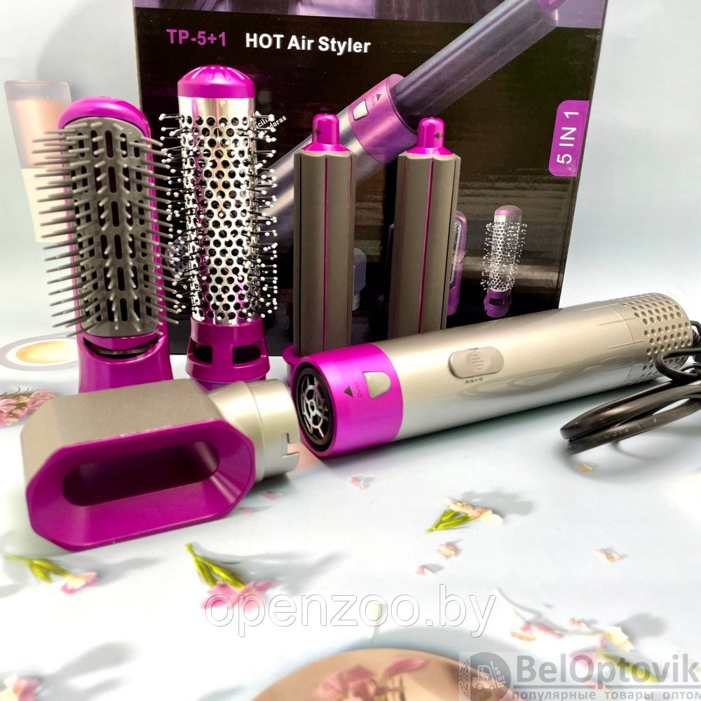 Фен стайлер для укладки волос с цилиндрическими насадками 5 в 1 Ярко-розовый (коробка) - фото 6 - id-p207593943