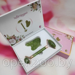 Массажный подарочный набор 2 в 1 Jade Roller нефритовый: скребок Гуаша  ролик для массажа (камень) NoorAlazawi