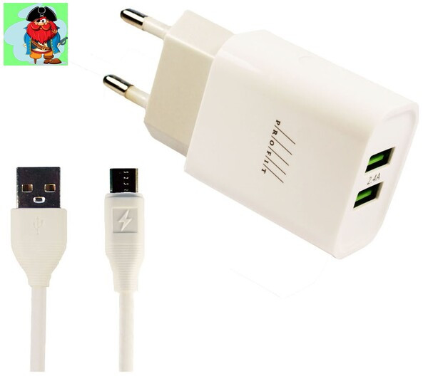 Сетевое зарядное устройство Profit ES-D47 с USB входом 2.4A, и Micro USB кабелем, цвет: белый - фото 1 - id-p207705447