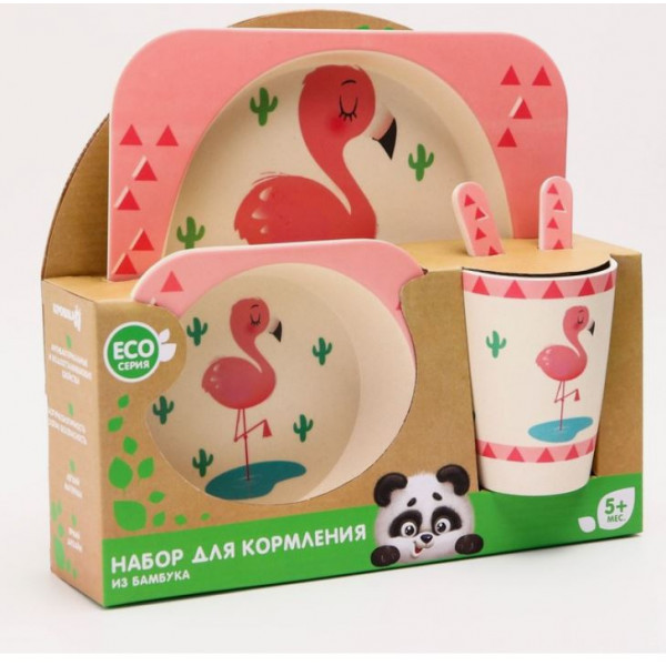 Подарочный набор посуды Розовый фламинго из бамбука 5пр.(в коробке) - фото 1 - id-p207712444