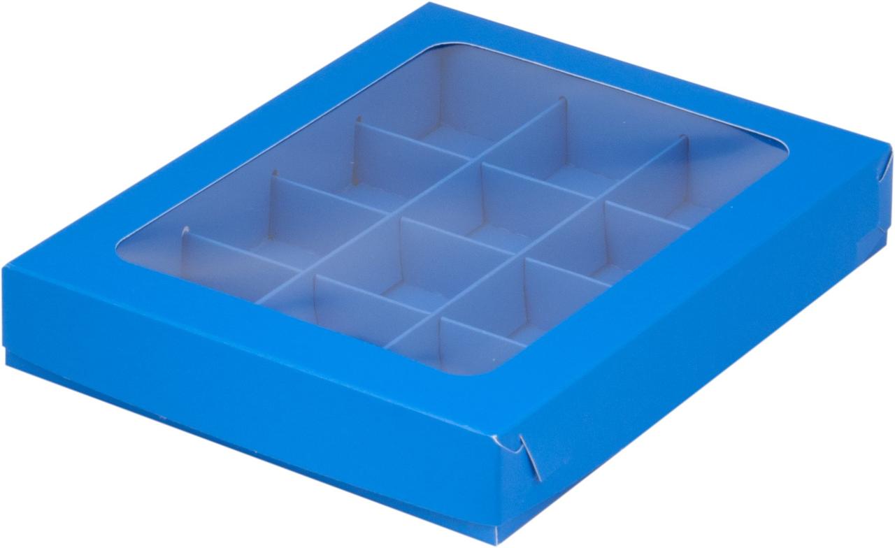 Коробка для 12 конфет с вклееным окном Синяя матовая, 190х150х h30 мм - фото 1 - id-p207761271