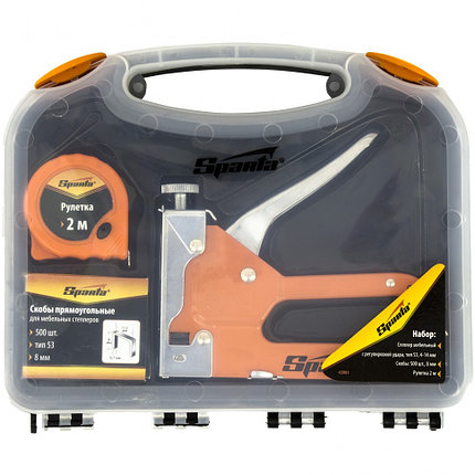 Набор: степлер мебельный регулируемый, скобы 500 шт, рулетка 2 м, тип скобы 53, 4-14 мм Sparta, фото 2