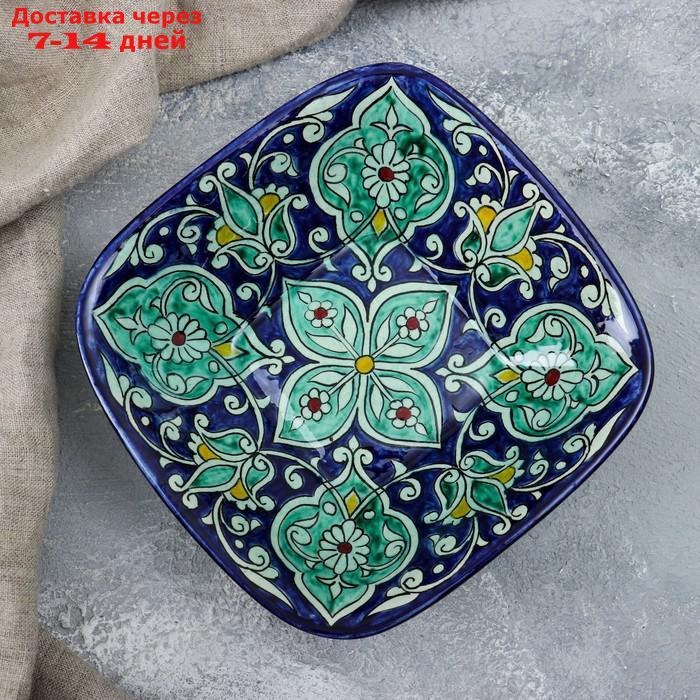 Салатница квадратная Риштанская Керамика,19см, синяя, зелёный орнамент - фото 2 - id-p207715743