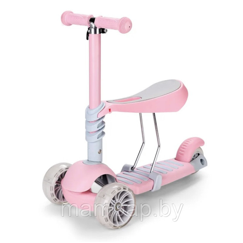 Детский трехколесный самокат-беговел SCOOTER MINI 5в1, с сиденьем и родительской ручкой , корзинка, подножка